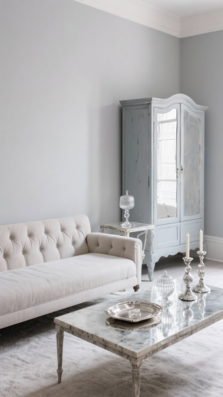 Medium shot, pearl grey monochrome: walls in pearl grey, upholstery in pale fog tones; tufted chaise near a slim bench coffee table; vintage silver trays and mercury glass candlesticks catching a gentle gleam; smoke-mirrored side table; distressed dove-grey armoire in the background; soft, reflective lighting for a quiet glow.
