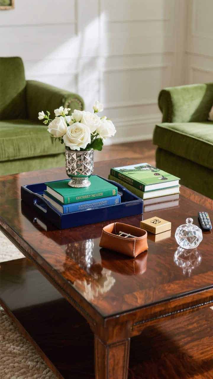Medium shot, straight-on, of a high-gloss mahogany coffee table reflecting light; a navy lacquer tray holds deep green and blue golf course and heritage home books; a silver bud vase with white roses/gardenias, a monogrammed matchbox, a leather catchall for remotes, and a small crystal paperweight; tailored country club palette of green, navy, and polished wood under crisp, refined lighting.