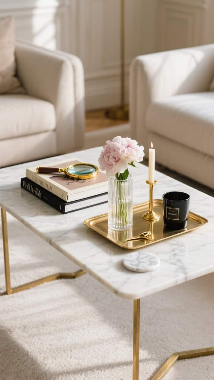 Medium shot, straight-on, of a white marble coffee table with slim brass legs in a chic Parisian-style living room; a rectangular brass tray anchors a trio of fashion and art books in black, cream, and taupe; on top: a vintage brass magnifying glass, petite peony bouquet in a clear cylindrical vase, a gold wick trimmer, a black glass candle, and a single marble coaster; refined neutrals with warm afternoon light glinting off brass accents.