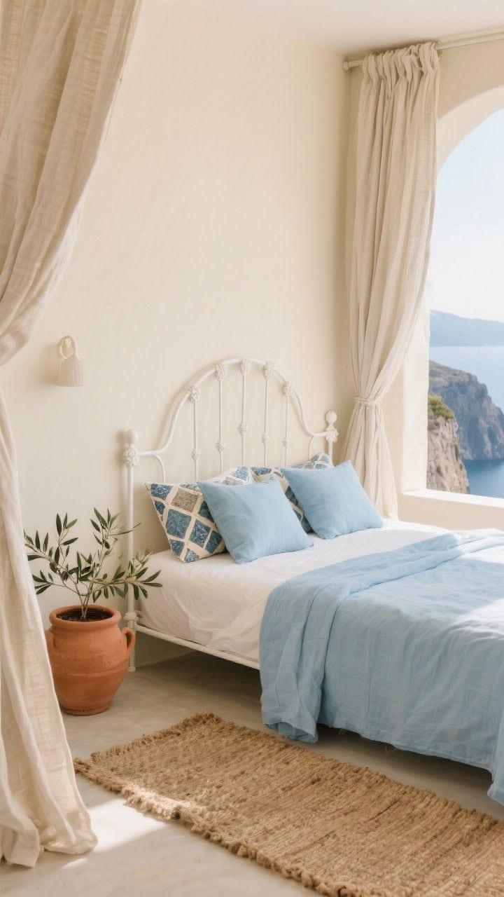 Medium shot with soft Mediterranean warmth: warm ivory walls; a white iron bed with gentle curves; pale blue-and-stone tile-pattern pillows; flax linen drapes pooling lightly; a terracotta pot with olive branches beside the bed; natural fiber rug and soft blue coverlet completing the breezy cliffside vibe.