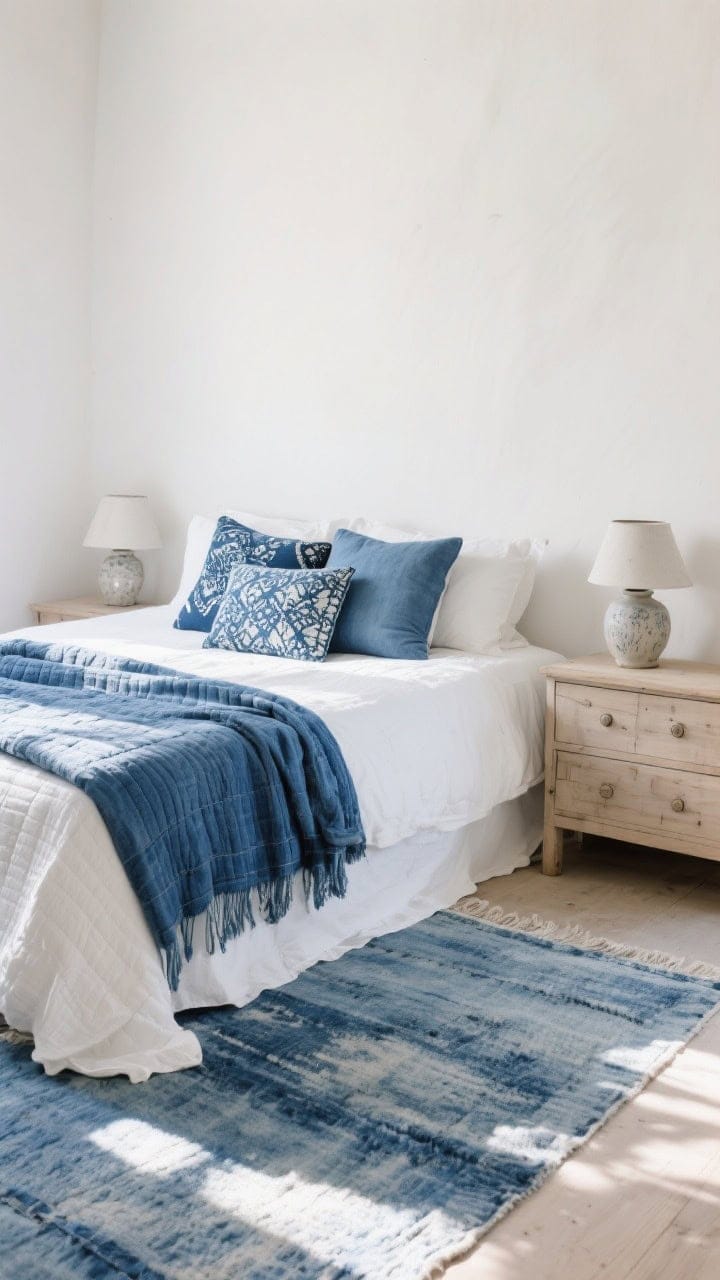 Medium, side-angle shot of a sun-faded indigo space: simple white bed layered with washed indigo textiles—quilt, throw, and pillows; vintage-style indigo batik pillows mixed in; pale oak dresser with ceramic lamps in a chalky finish; a rug in faded denim tones grounding the floor; soft, mellow daylight.