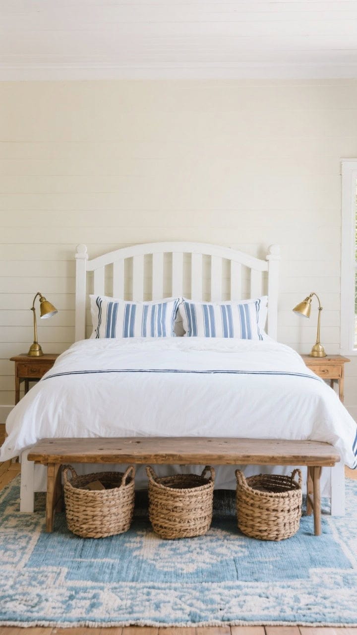 Medium straight-on view of a breezy Cape Cod cottage bedroom: soft cream walls, a slat-back white bed with crisp navy piping on the duvet; blue-and-white ticking stripe shams; woven baskets tucked under a bench; brass reading lamps on either side; a vintage-style rug in faded blue anchoring the space.