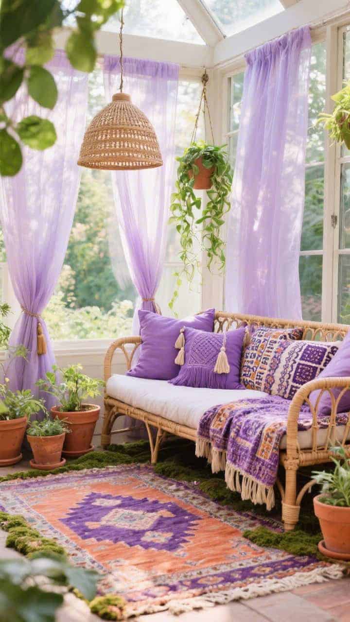 Medium sunroom corner, boho layering: rattan daybed piled with lavender pillows in tassels, kantha, and block print patterns; gauzy lavender sheers diffusing sunlight; kilim rug with lilac, terracotta, and moss tones grounding the space; cluster of terracotta planters with greenery, a hanging pothos, and a woven pendant lamp overhead; dreamy garden cocoon feel.
