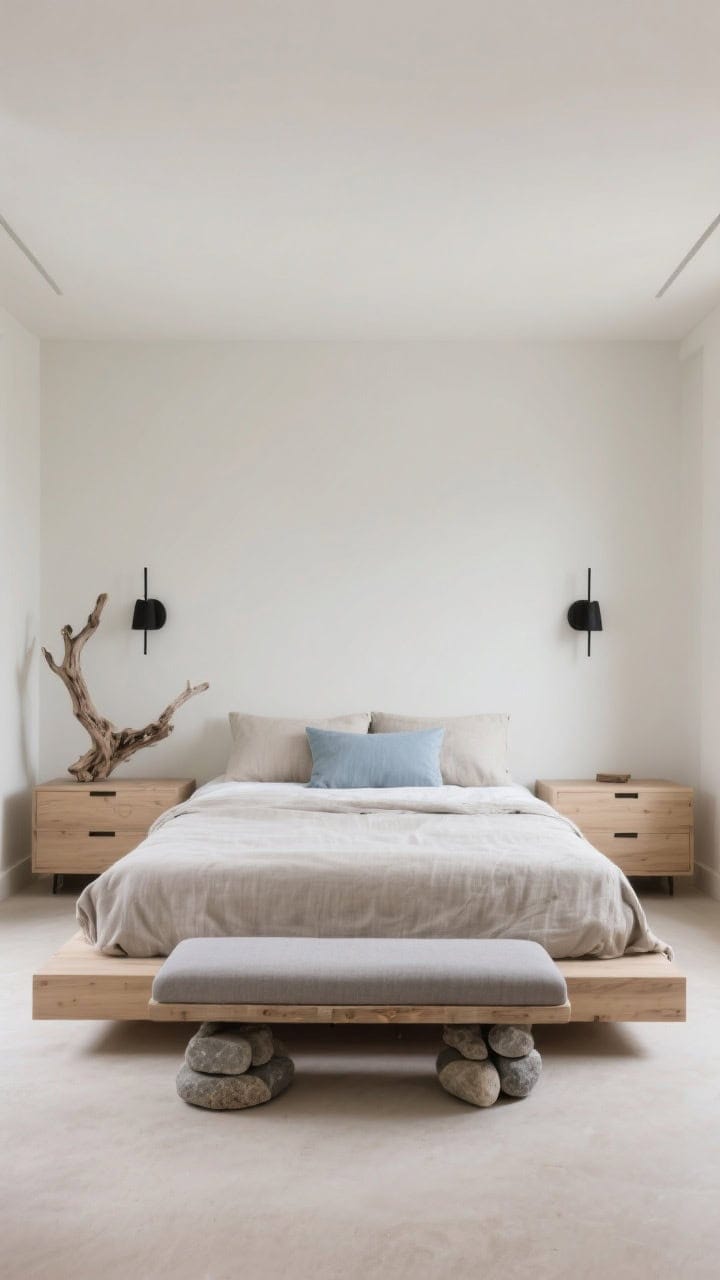 Minimalist wide shot of a luxe driftwood-inspired room with a light oak platform bed and stone-colored linen bedding; decor restrained to a single driftwood sculpture on a low dresser; matte black wall sconces flanking the bed; a low-profile pebble-gray bench at the foot; palette of oatmeal, chalk, and a subtle hazy blue lumbar pillow; clean lines, uncluttered floor.