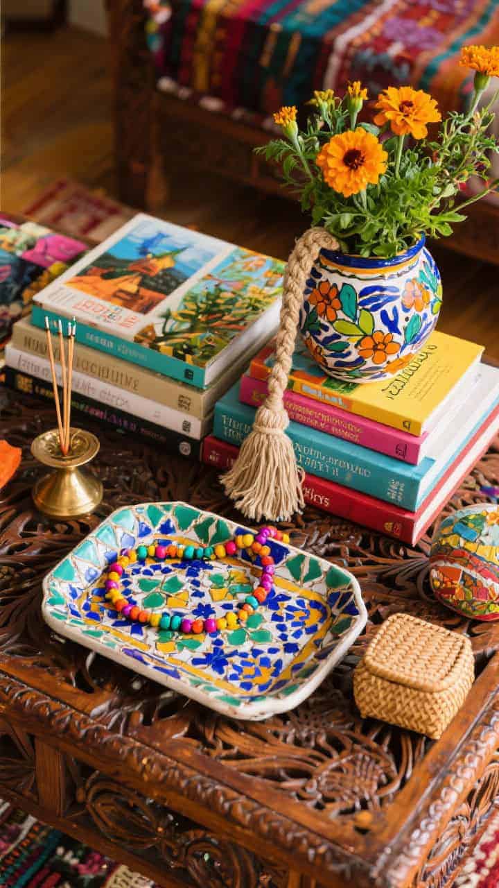 Overhead detailed flat lay on a carved wood coffee table; a patterned tiled tray (Moroccan/mosaic) anchors colorful travel and art books in varied sizes; a hand-painted ceramic vase with marigolds and greenery, a woven tassel draped over the books, a brass incense holder, bright bead strand, and a tiny rattan lidded box; lively, layered boho energy with saturated colors and mixed textures.