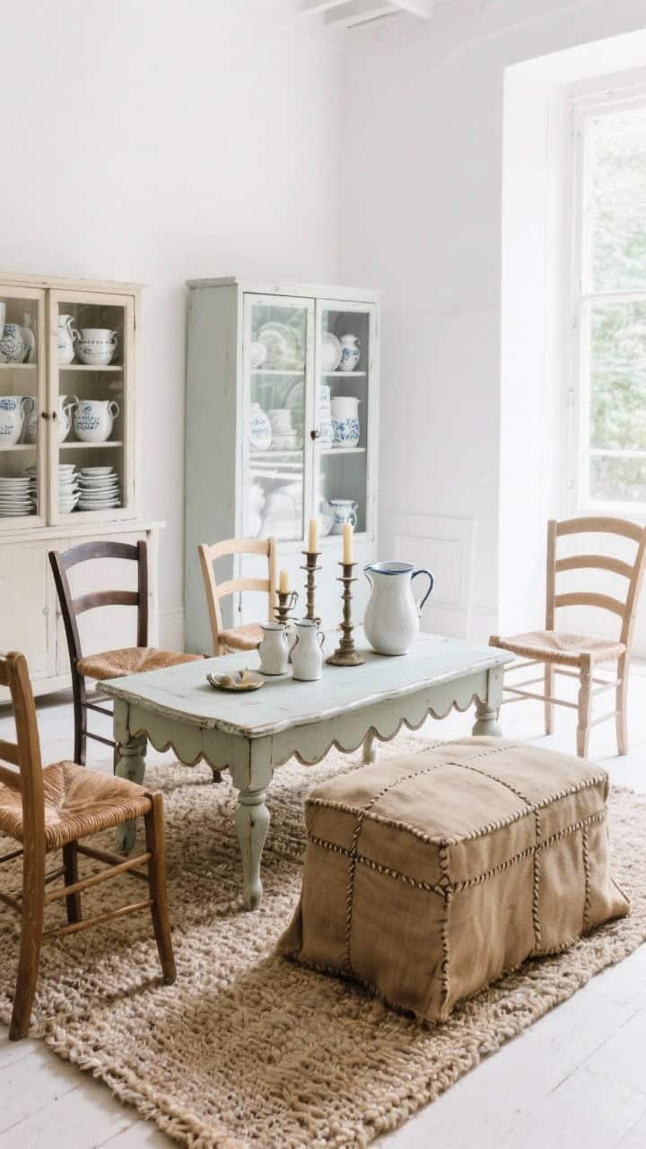 Overhead styling shot of a market-find maison coffee table vignette: matte white walls glimpsed beyond; mismatched French provincial chairs around a scalloped-edge console; stitched grain-sack ottoman nearby; enamel pitchers, a cluster of vintage candlesticks, and a cupboard with glass doors showing stacks of white ironstone; nubby natural rug texture; repeated scallop motif for cohesion; bright natural light, photorealistic.