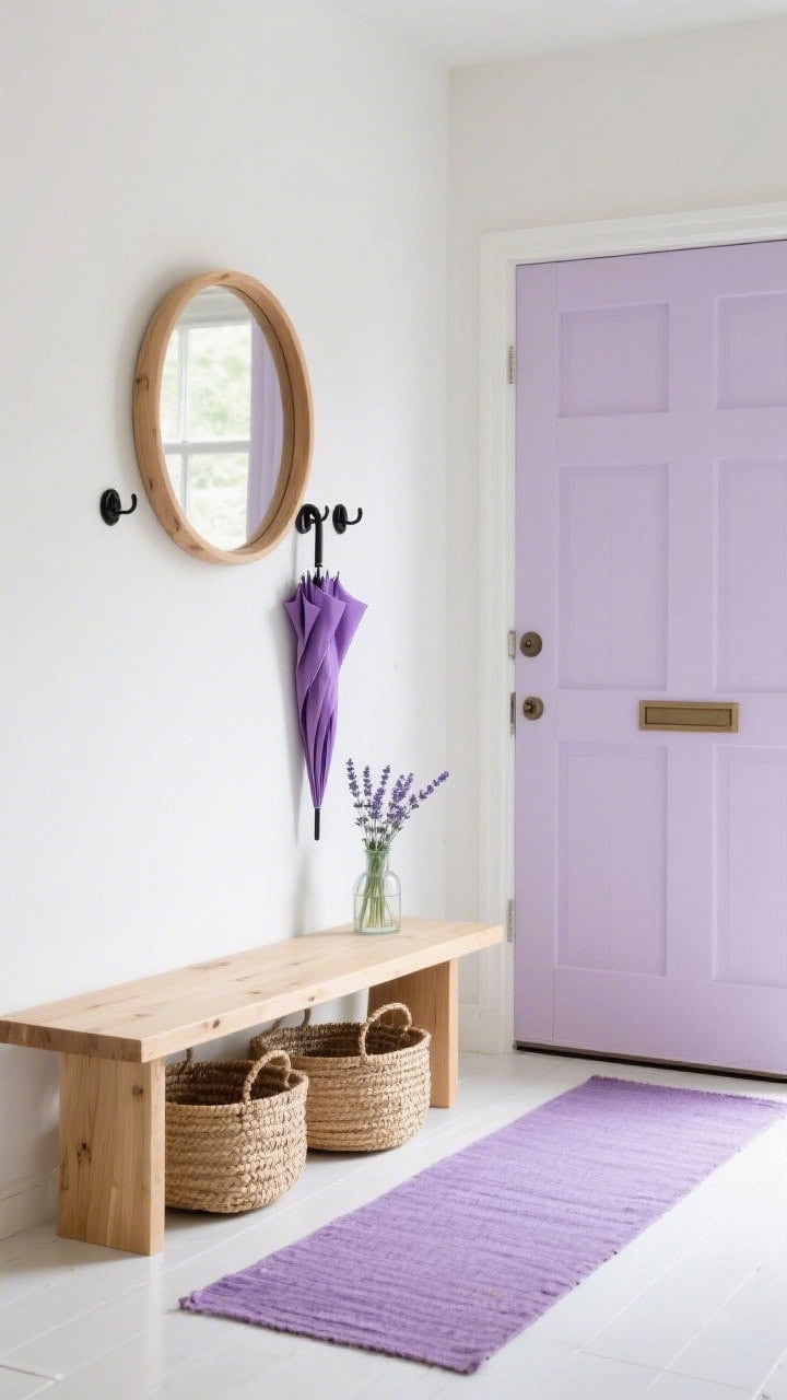 Straight-on medium entryway: blonde wood bench with woven baskets tucked beneath; lilac runner along the floor; inside of the front door painted a playful pale lavender; round oak mirror above the bench; matte black hooks holding a lilac umbrella; tiny bud vase with a sprig of lavender; crisp Scandinavian simplicity, bright daylight.