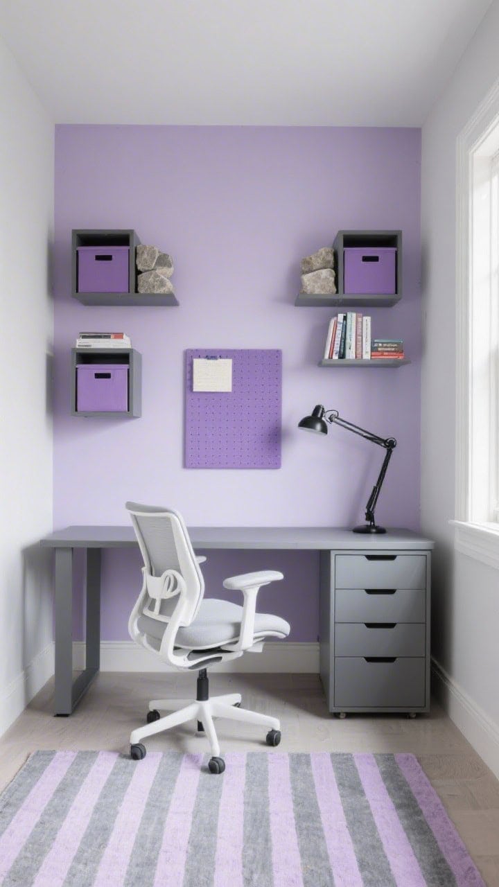 Straight-on medium home office: back wall in cool lavender brightening the space; graphite desk with clean lines; ergonomic white chair; black task lighting; boxy shelves with stone bookends, lilac storage bins, and a lavender-accented pinboard; thin gray-and-lilac striped rug; crisp, productive daylight.