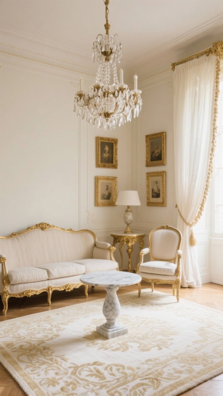 Straight-on medium shot of a gilded salon in soft neutrals featuring a stone-linen Camelback sofa, a dainty bergère chair, ormolu-trim picture frames on the walls, and an antique crystal chandelier hung low over a petite marble pedestal table; gauzy ivory curtains with subtle fringe; cream-on-cream damask rug; antique gold accents catching warm ambient glow, photorealistic.