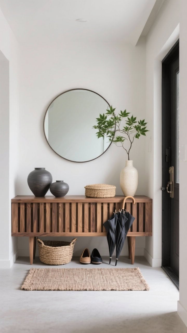 Straight-on medium shot of a Japandi entryway, calm geometry: slatted oak console centered beneath a round frameless mirror reflecting soft light; low-profile woven runner on the floor; palette of natural oak, charcoal, linen, and soft white; two sculptural ceramic vessels in charcoal and cream on the console; a lidded seagrass basket tucked beneath for shoes and umbrellas; a tall vase with a single green maple branch adding organic line. Photorealistic, minimal contrast, serene.