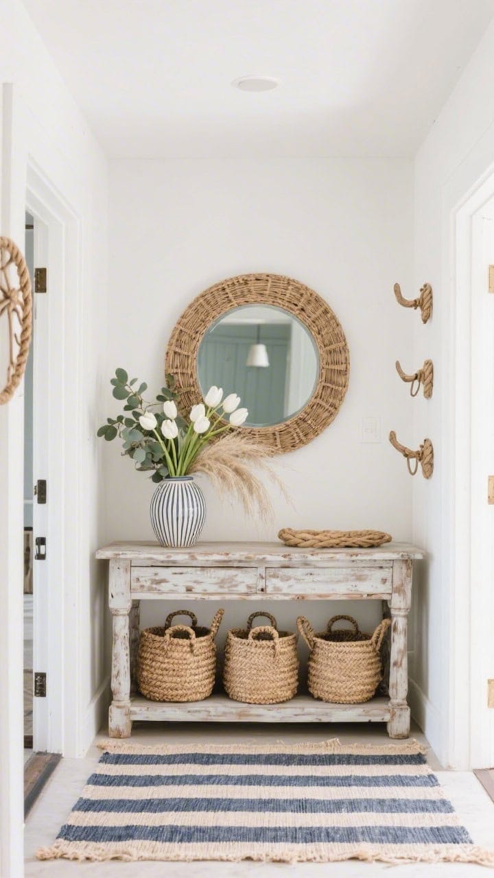 Straight-on wide shot, Coastal Entryway: weathered console beneath an oversized round rattan mirror; centered ribbed ceramic vase of white tulips mixed with eucalyptus and wispy grasses; striped runner in navy and sand; seagrass baskets tucked below, trio of rope-accented wall hooks on the side; woven textures, driftwood tones, airy coastal light; tonal white walls for a crisp, breezy welcome.