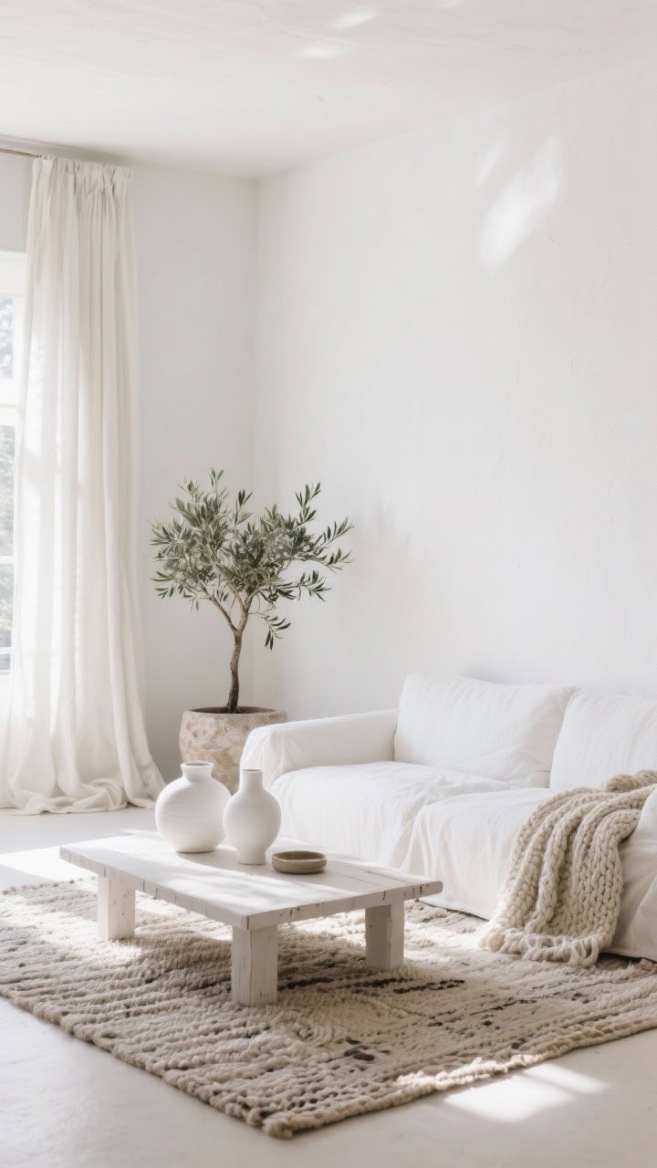 Straight-on wide shot of a white-on-white sunlit sanctuary: white slipcovered sofa, whitewashed coffee table, matte plaster walls, linen drapery puddling gently; chunky knit throws, handwoven rug, and chalky white ceramic vases providing texture; a single olive tree in a stone pot as sculptural greenery; bright, soft daylight.