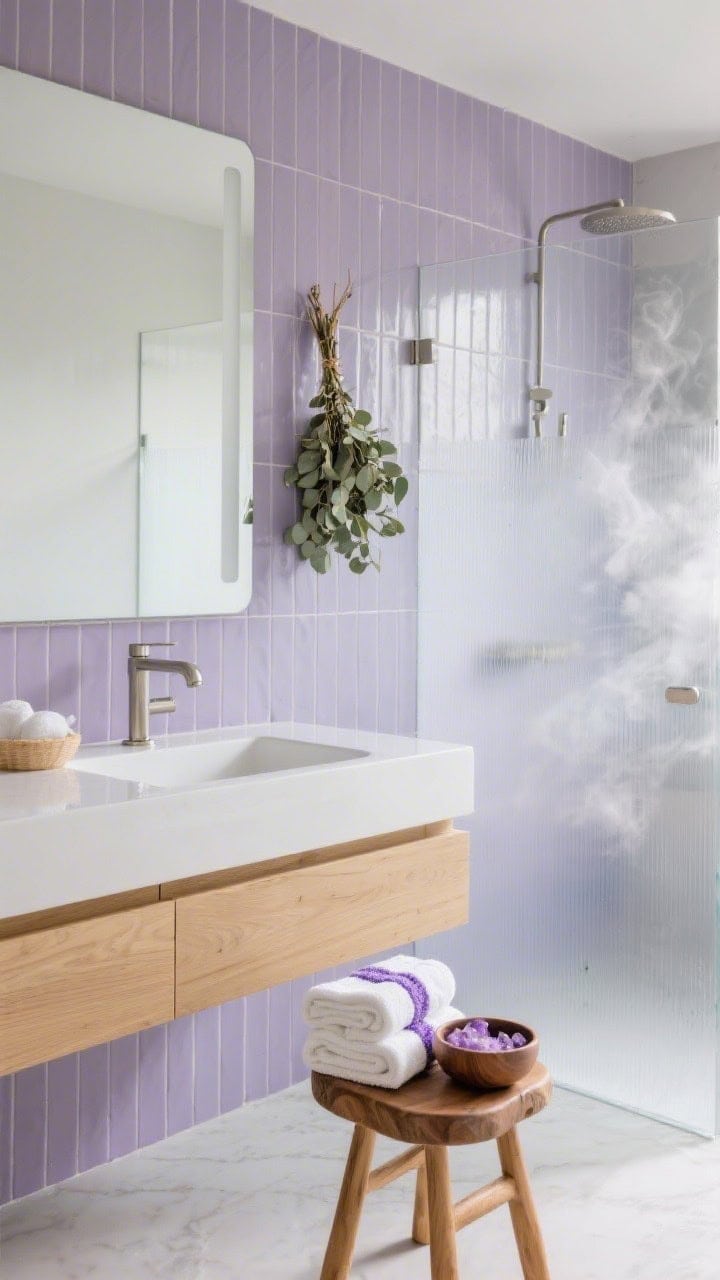 Wide bathroom vanity view, spa-like: vertical-stacked soft lavender tiles behind the vanity; light oak floating vanity with brushed nickel fixtures; frosted glass shower panel catching light; white towels with lavender edging neatly rolled; small wooden stool with a bowl of amethyst-hued bath salts; eucalyptus bundle hanging for steam scent; serene, steamy atmosphere.