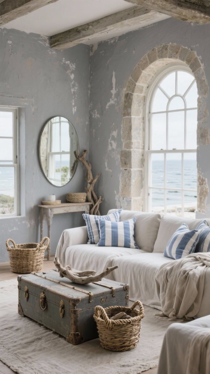 Wide coastal living room view inspired by Normandy with stone-gray walls and layers of undyed linen: a low, deep slipcovered sofa, a vintage trunk as the coffee table, weathered driftwood accents, rope-handled baskets, and blue-and-white ticking pillows; a large arched window mirror reflecting soft seaside-style daylight; palette of fog gray, oyster, and faded navy; textures of linen, rope, and lightly chipped paint, photorealistic.