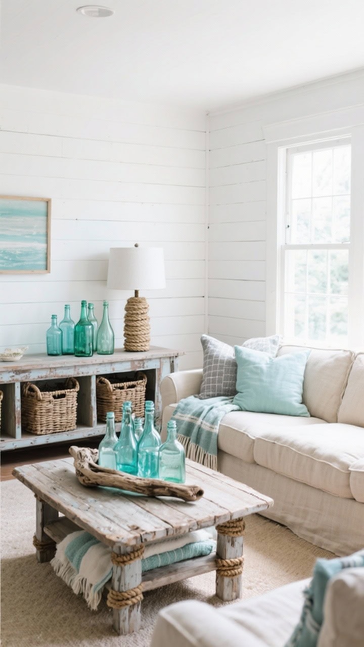 Wide coastal shabby living room: white shiplap walls, linen sectional in sand, pillows and throws in sea-glass blues and greys; driftwood coffee table centerpiece; weathered console with baskets of blankets; rope-wrapped lamp bases; cluster of glass bottles in aquas and greens on the console; bright, breezy daylight.
