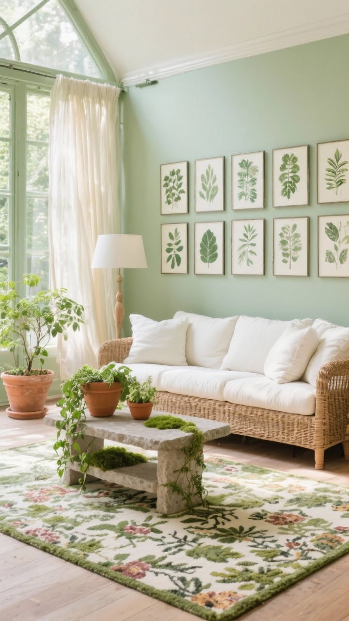 Wide conservatory-inspired living room: rattan/wicker sofa with plush ivory cushions, leafy botanical prints gallery wall; palette of soft green, cream, and moss; stone-top coffee table; terra-cotta pots with trailing plants; floral block-print rug; gauzy curtains moving slightly with a breeze; bright, sunlit freshness.