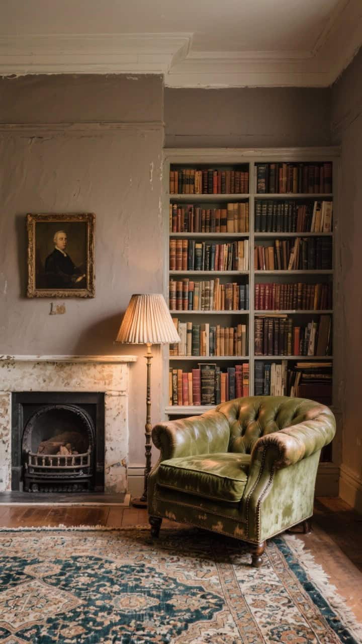 Wide English library shabby scene: walls in mushroom taupe, one wall of open bookshelves filled with well-loved spines; velvet Chesterfield in tea-stained olive; worn Persian rug; pleated shade floor lamp casting warm pool of light; distressed leather club chair; antique portrait over the mantel; rich, bookish coziness.