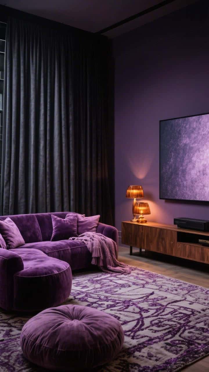 Wide media room, moody and plush: deep lavender-eggplant velvet sofa laden with mauve throws and oversized floor cushions; blackout curtains; charcoal walls with a subtle plum undertone; low walnut media console beneath the screen; amber glass lamps casting warm pools of light; patterned rug with lavender threads; cinematic, cocooned night atmosphere.