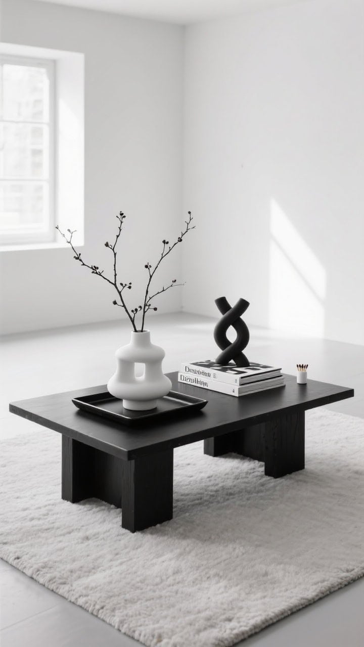 Wide, minimalist room shot with a low-profile black coffee table centered on a pale rug; a matte black tray contains two oversized monochrome design books with crisp typography; a single architectural white vessel holds a few tall budding cherry branches; a matte ceramic knot sculpture and a small white match striker complete the scene; high-contrast black and white palette with ample negative space and clean lines under bright indirect daylight.