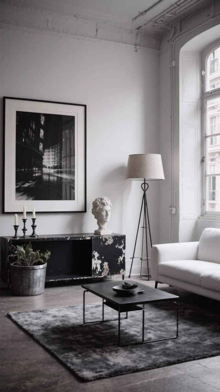 Wide, moody monochrome Paris loft scene with black, white, and gray palette: slim-profile white sofa, black metal coffee table, chipped black console with patina, aged zinc planters, iron candleholders; oversized black-and-white photography in thin antique frames; faded charcoal rug; plaster bust; industrial floor lamp with linen shade as anchor; architectural, understated ambiance with soft side lighting, photorealistic.