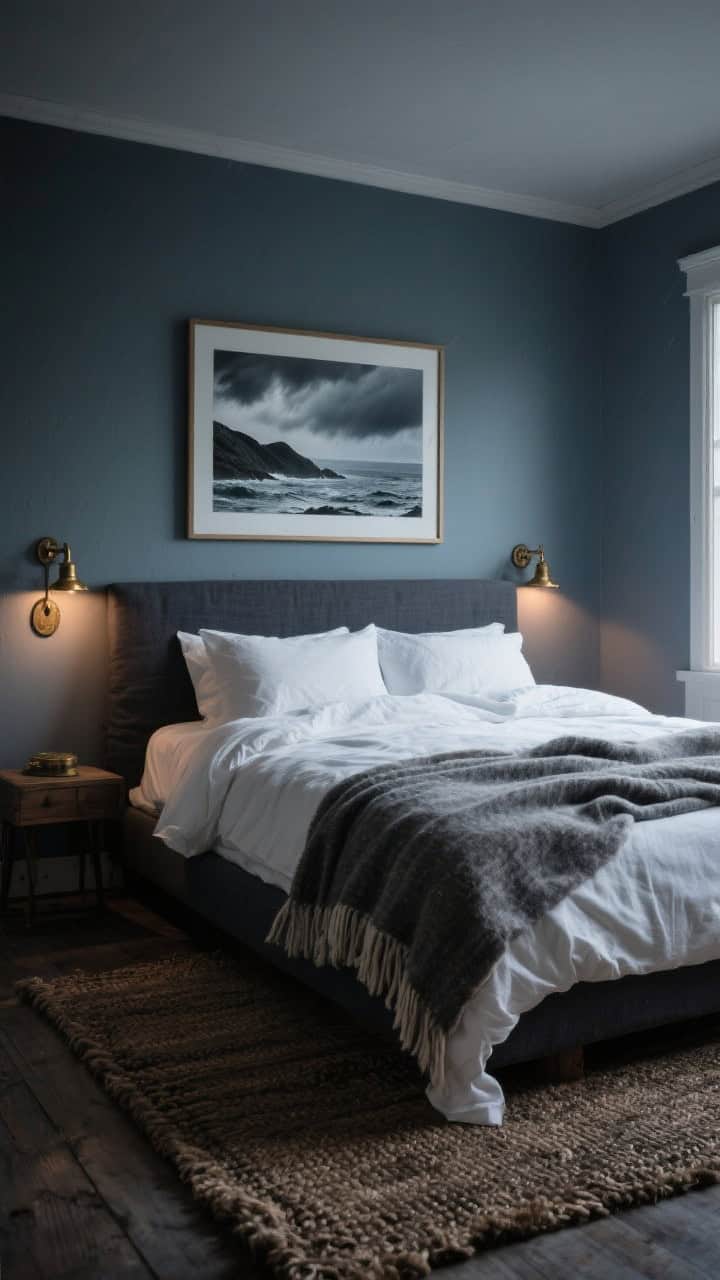 Wide, moody stormy coast retreat: smoky blue-gray walls, charcoal linen headboard; white flannel sheets and heathered wool blanket layered; aged brass sconces casting warm pools of light; dark jute rug grounding; framed stormy seascape art; intimate, rainy-day atmosphere with low, cozy illumination.