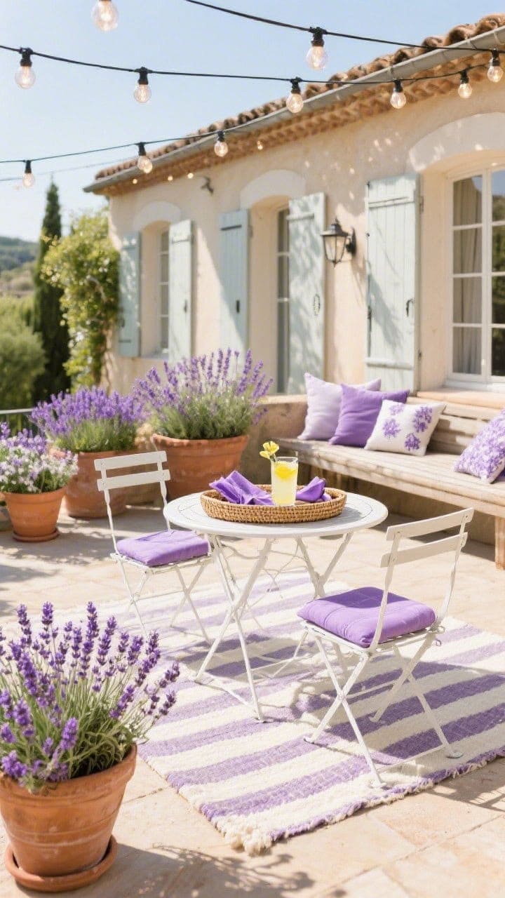 Wide outdoor patio, Provençal feel: white metal bistro set with lilac seat cushions; terracotta pots overflowing with blooming lavender; striped lavender-and-ivory outdoor rug defining the seating area; string lights overhead twinkling; woven tray on the table with lemonade and lilac napkins; a few lavender pillows on a nearby bench; sunny, fragrant afternoon.