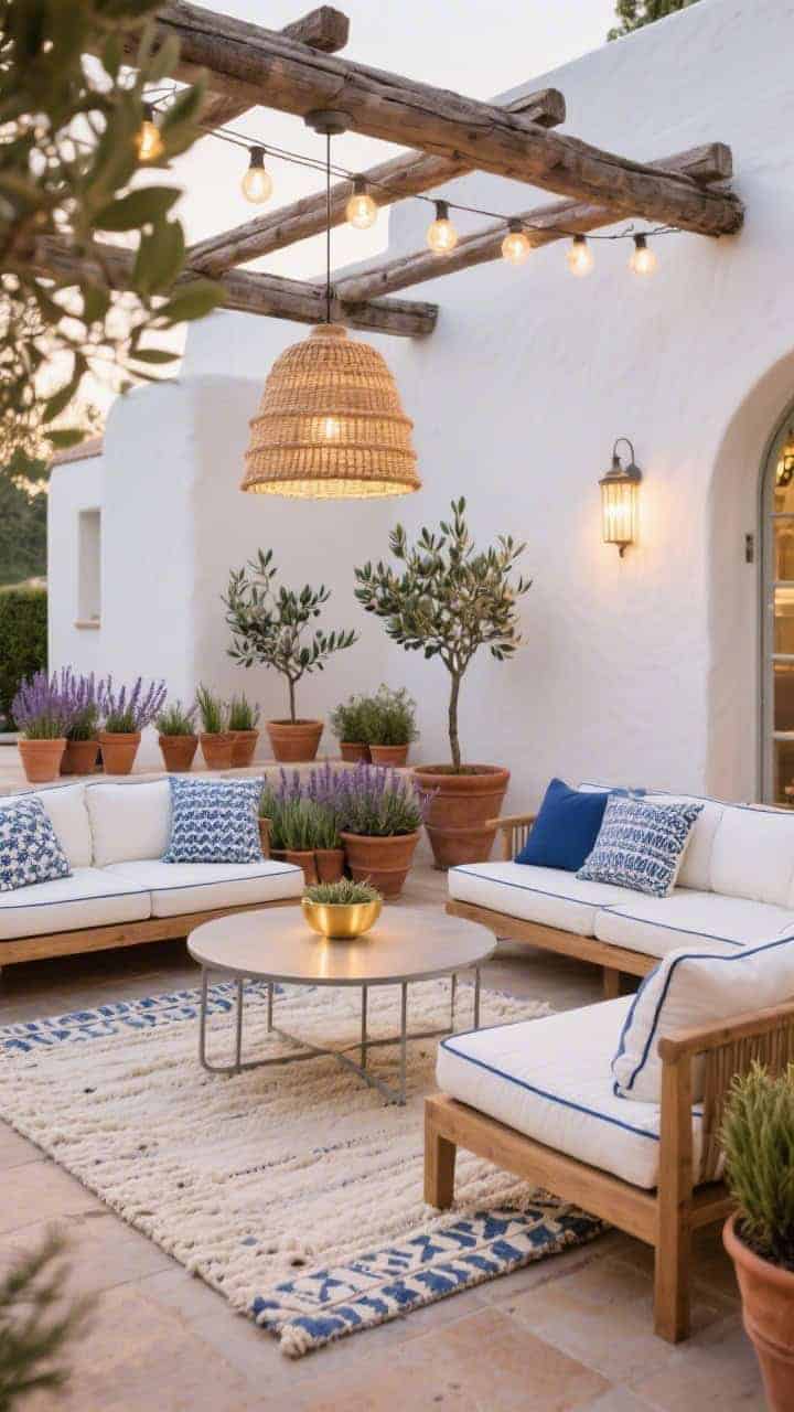 Wide patio lounge: Mediterranean courtyard-inspired setting with whitewashed walls, low-slung teak seating, chalk white cushions edged in indigo piping, and tile-patterned outdoor pillows in lapis and sky; bone flatweave outdoor rug; soft-glow bistro lights overhead with a wicker pendant under a pergola; clustered terracotta pots of rosemary, lavender, and miniature olive trees; round matte-ivory powder-coated steel table; golden early-evening ambiance.