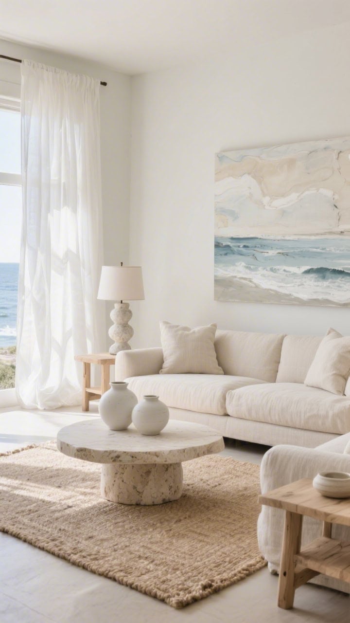 Wide shot: A coastal linen living room with a sand-toned linen sofa, bleached oak side tables, and a low rounded travertine coffee table on a soft-weave jute rug; sheer white drapery glowing with natural daylight; sculptural stone-base table lamps; ceramic vases in chalky white; large abstract seascape above the sofa; palette of ivory, oat, fog, and sea-salt blue; airy, refined, photorealistic.