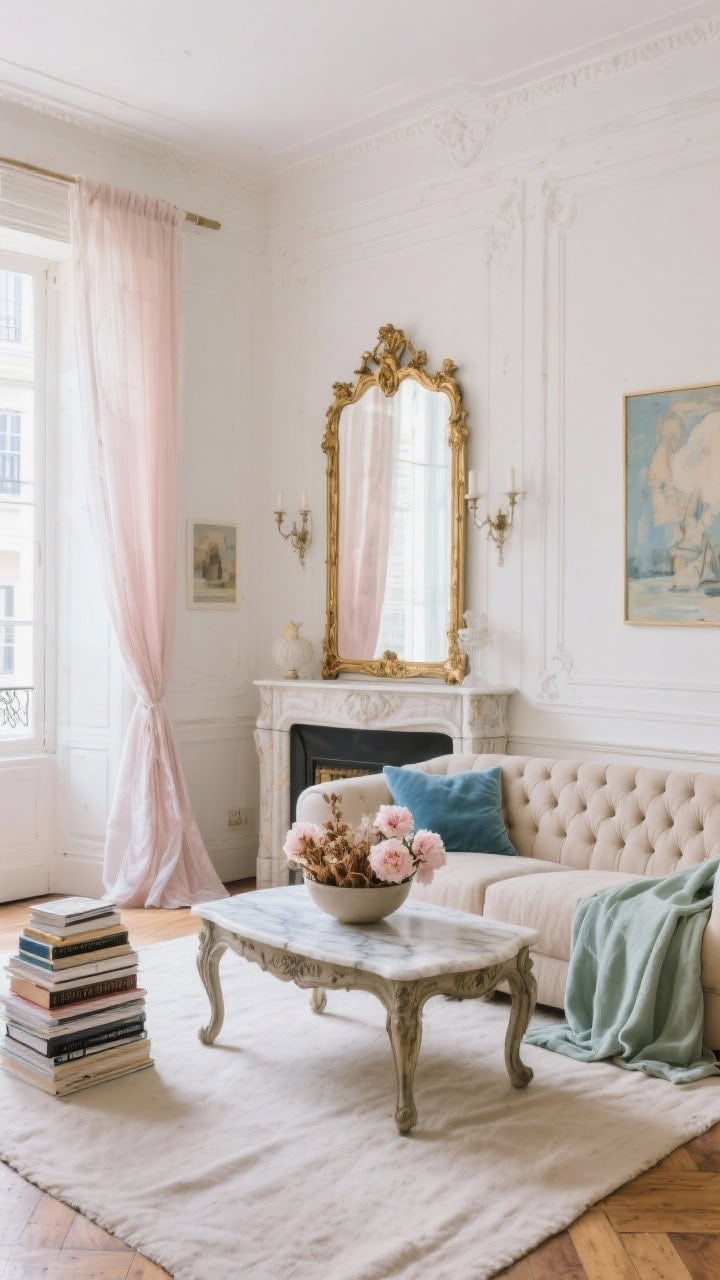 Wide shot of a Parisian apartment living room with pearl-white, slightly distressed walls, a tufted oatmeal linen sofa, an antique gilded mirror over a classic mantel, a vintage marble-topped coffee table, delicate wall sconces, and wispy voile curtains that puddle on the floor; faded blush, dusty blue, and pale sage accents on textiles and art; a bowl of dried peonies atop stacked art books; textures of linen, velvet, and raw wood; soft morning natural light, photorealistic.