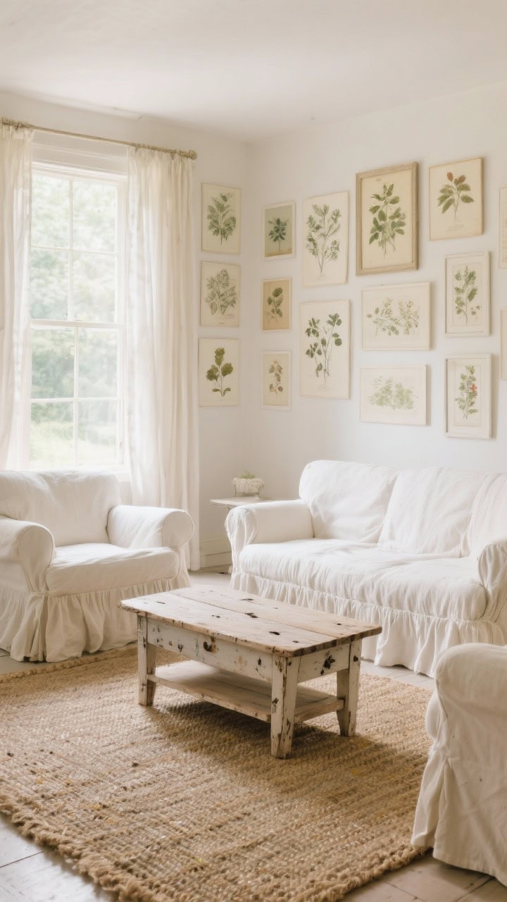 Wide shot, serene antique cottage living room in creamy whites, butter ivory, and soft beige; two cotton slipcovered sofas with relaxed skirts facing a distressed pine coffee table with visible nicks and knots; jute rug underfoot; tall linen drapes filtering soft natural light; a wall of antique botanical prints in mismatched cream frames; photorealistic, airy, warm morning glow.
