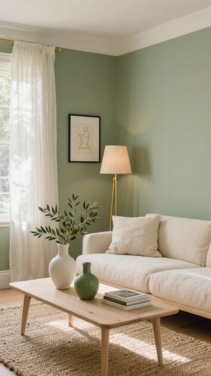 Wide shot, serene living room in soft daylight: sage green walls with creamy white trim, sheer linen curtains diffusing sun; low-profile bone-colored linen sofa with plush cushions; pale oak coffee table on a flatweave jute rug; matte ceramic vases in off-white and eucalyptus green on the table with olive branches in a tall vessel; minimal line drawings in thin black frames on the wall; brass floor lamp with tapered fabric shade glowing warmly; a small stack of linen-covered coffee table books. Photorealistic, calm, airy, corner angle.