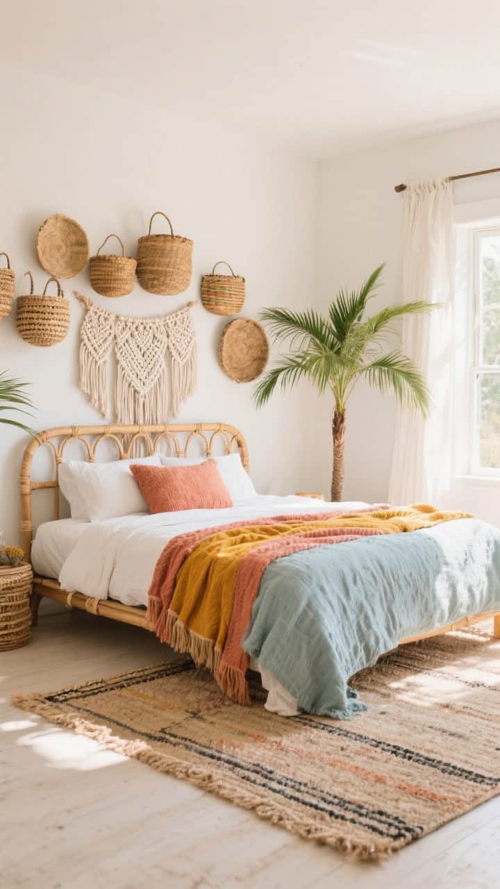 Wide, sunlit boho bedroom: warm white walls, rattan canopy bed, textured throws in turmeric, coral, and pale blue; layered rugs (flatweave over jute) underfoot; macramé and a cluster of woven baskets above the headboard; leafy parlor palm in a corner; relaxed, breeze-through-the-windows vibe.