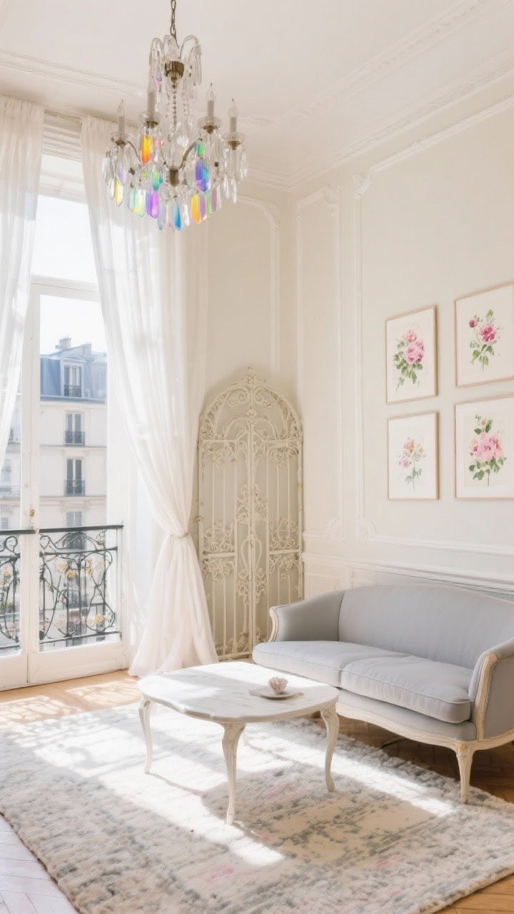 Wide, sunlit Paris balcony salon with soft cream walls and high-shine white trim; billowing voile curtains catching the light; a pale gray French settee and a delicate bistro table used as the coffee table; vintage balcony gate styled as wall art; floral watercolor prints; a glass chandelier throwing small rainbow prisms; pale hand-knotted rug; palette of cream, dove gray, and petal pink; bright airy daylight, photorealistic.