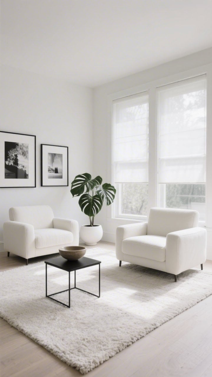 Wide sunroom, straight-on: Minimalist monochrome neutrals with creamy white boxy armchairs, a thin-profile matte black metal side table, and a pale micro-loop rug; bare windows or gauzy Roman shades filtering soft daylight; accents of black-and-white photography in slim black frames, a low ceramic bowl, and a single oversized monstera in a white pot; crisp, calm, photorealistic.