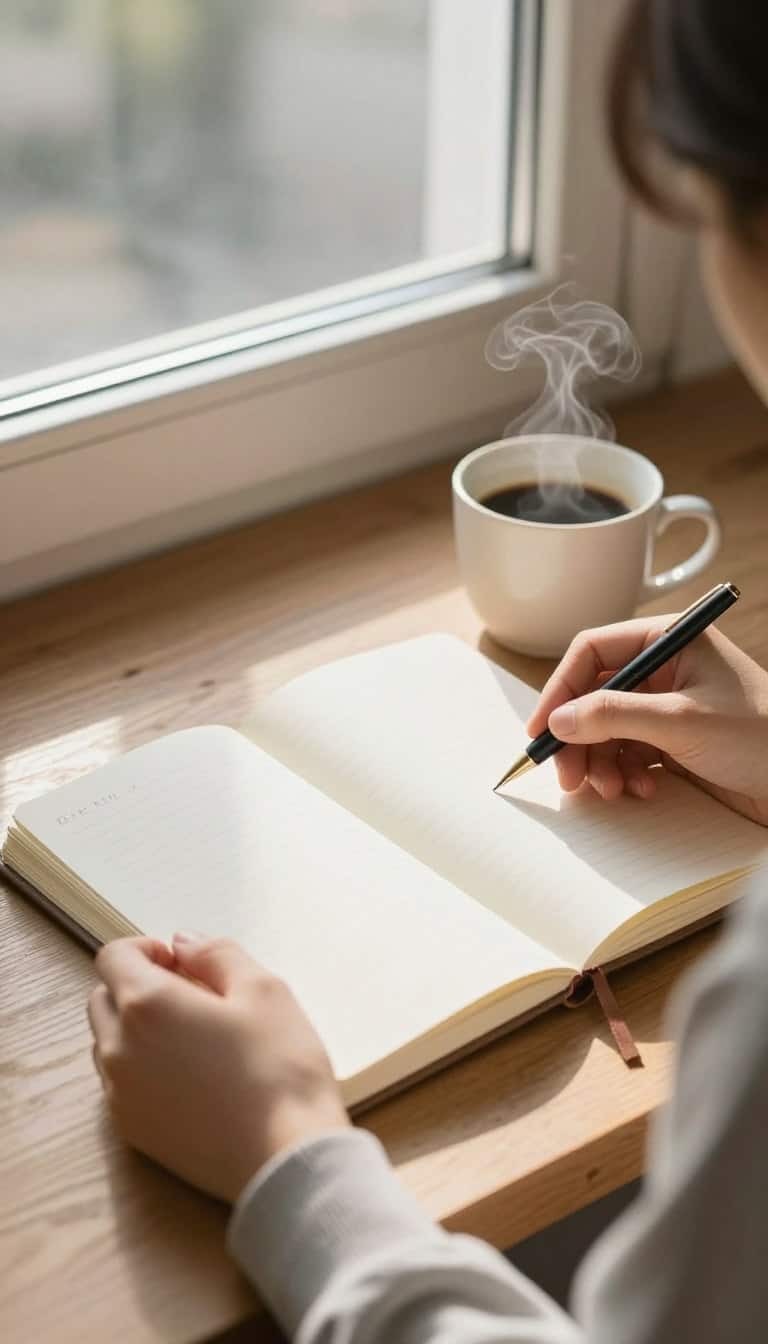 person beginning journaling for beginners practice with fresh notebook and morning coffee