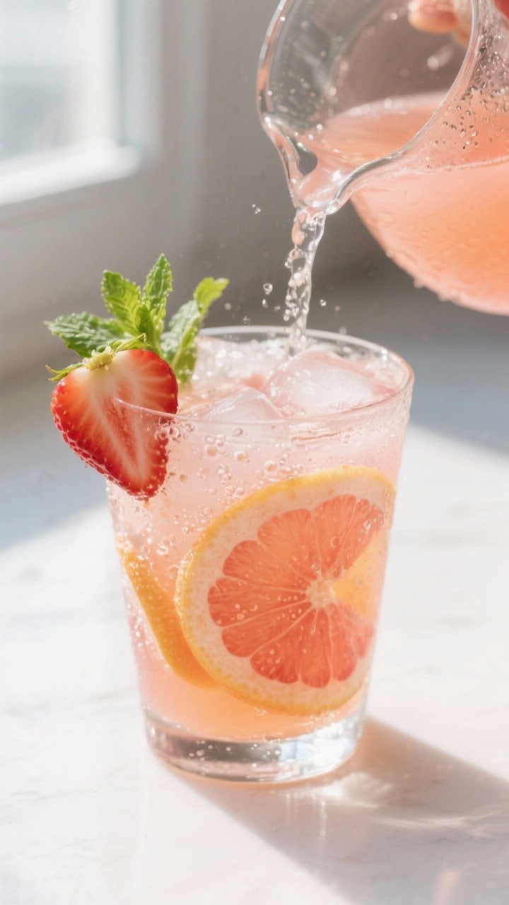 Close-up detail: A chilled glass of Peachy Keen Sangria being poured over ice from a dewy pitcher, w