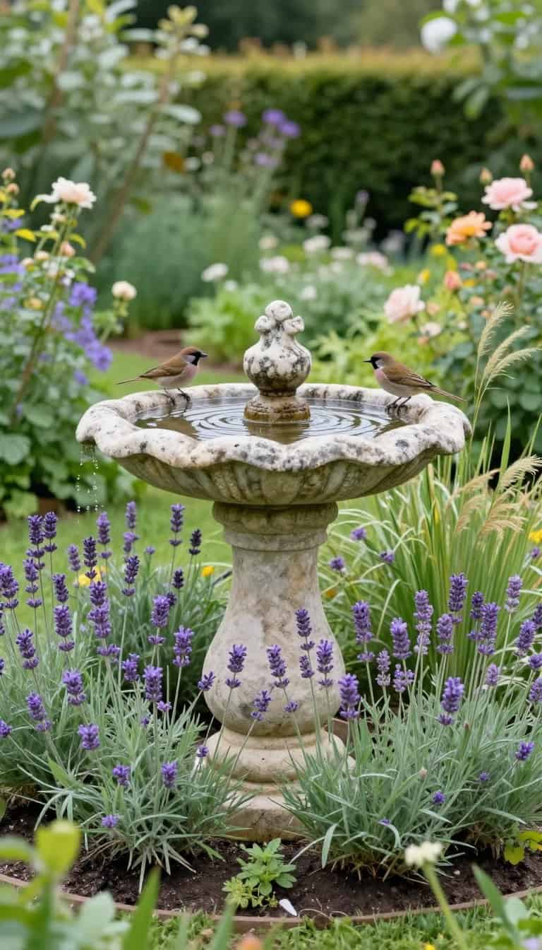 Bird bath garden ideas featuring stone basin nestled in cottage garden planting
