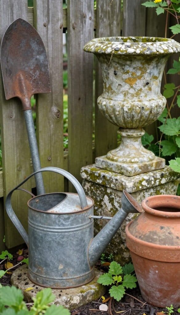 Collection of vintage garden tools and antique watering cans displayed in a cottage garden Collection of vintage garden tools and antique watering cans displayed in a cottage garden