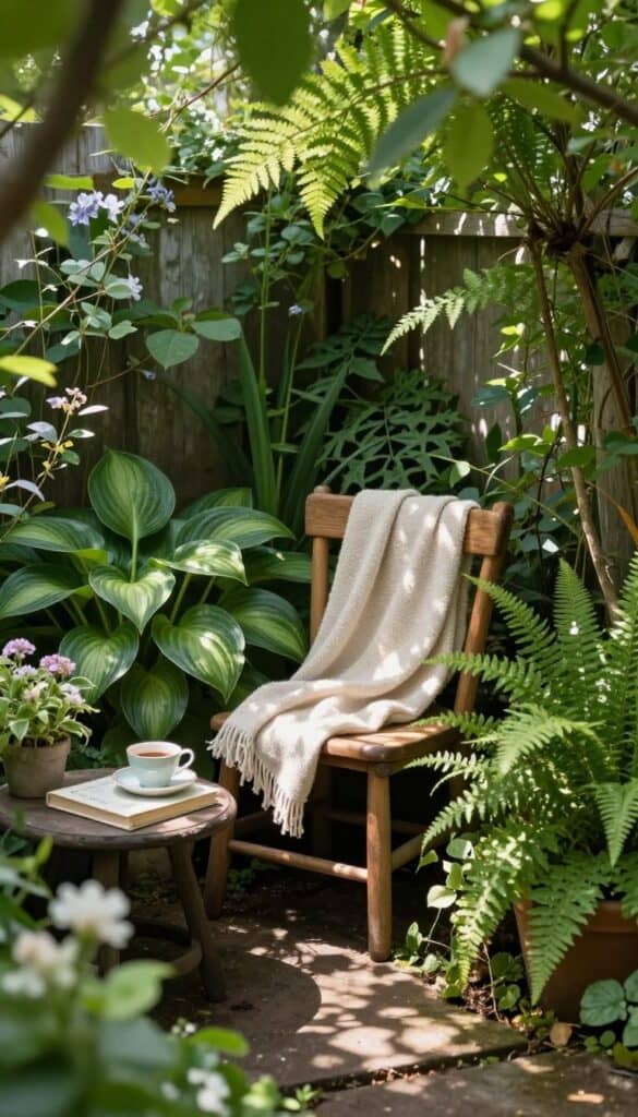 Cozy garden seating nook with a wooden chair surrounded by plants and greenery Cozy garden seating nook with a wooden chair surrounded by plants and greenery
