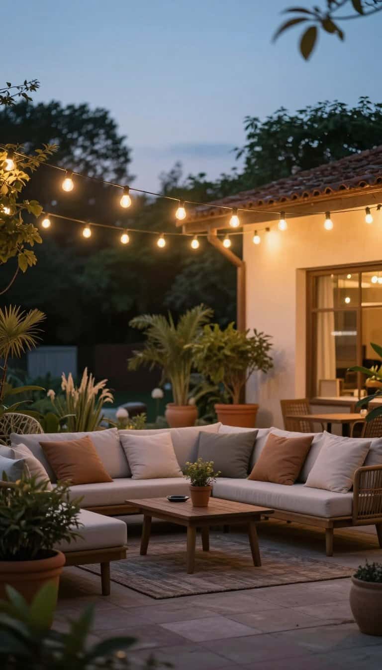 Cozy patio illuminated with warm string lights creating a magical summer evening atmosphere