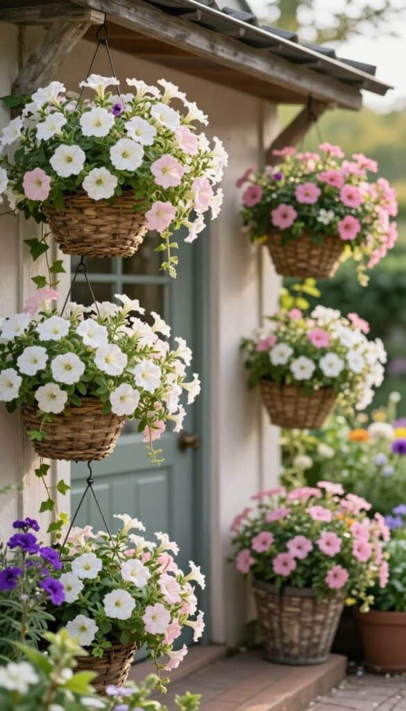Hanging flower baskets with trailing petunias and lobelia near a cottage garden entrance Hanging flower baskets with trailing petunias and lobelia near a cottage garden entrance