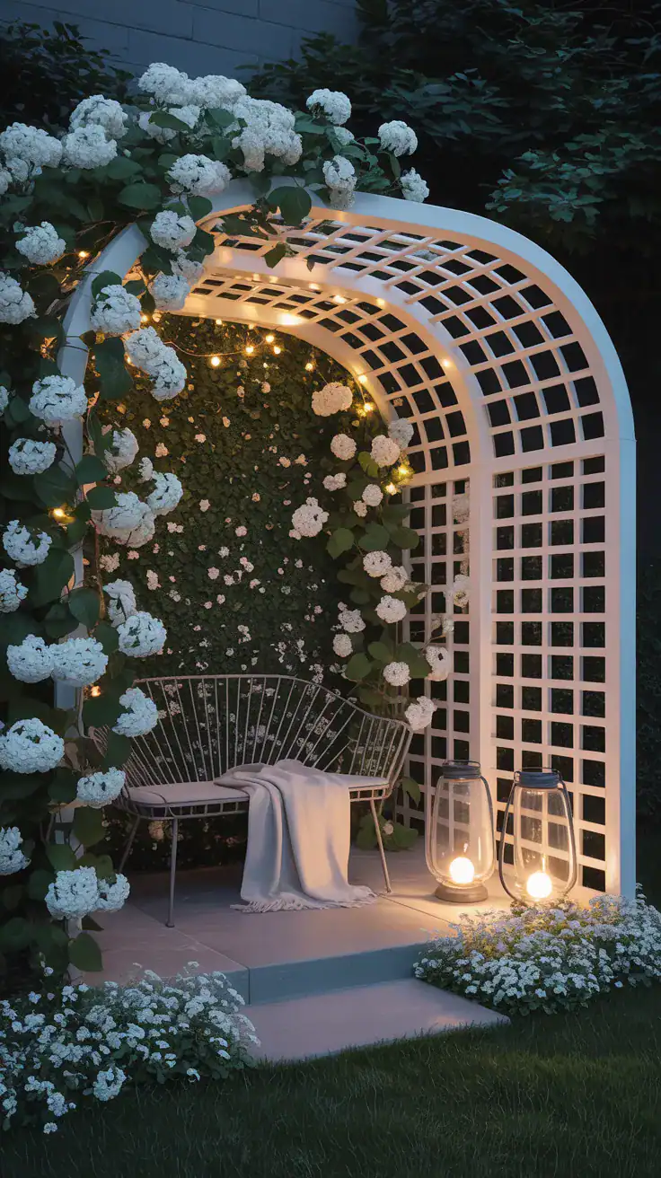 Photorealistic medium, intimate nook at night: a curved white trellis glowing softly in darkness for a moon garden corner; white climbing hydrangea or star jasmine trained over the lattice; base carpeted with white campion and silver lamb’s ear; a cast-iron bench with a cream throw; glass hurricane lanterns set nearby; soft solar fairy lights woven through the lattice; color palette white, silver, charcoal, moonlit green; gentle moonlit ambiance with warm lantern highlights, no people