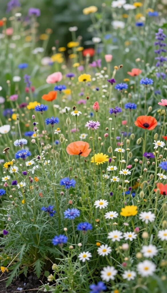 Natural wildflower meadow pocket with mixed colorful blooms in a cottage garden Natural wildflower meadow pocket with mixed colorful blooms in a cottage garden