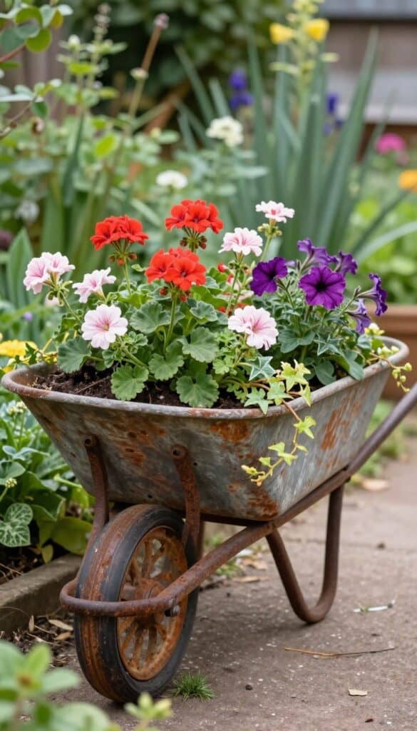 Vintage weathered wheelbarrow filled with colorful seasonal flowers in cottage garden Vintage weathered wheelbarrow filled with colorful seasonal flowers in cottage garden