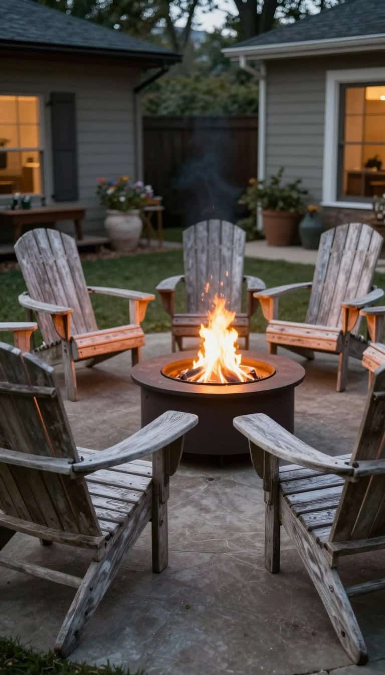 Wooden Adirondack chairs arranged around outdoor fire pit with cozy evening ambiance