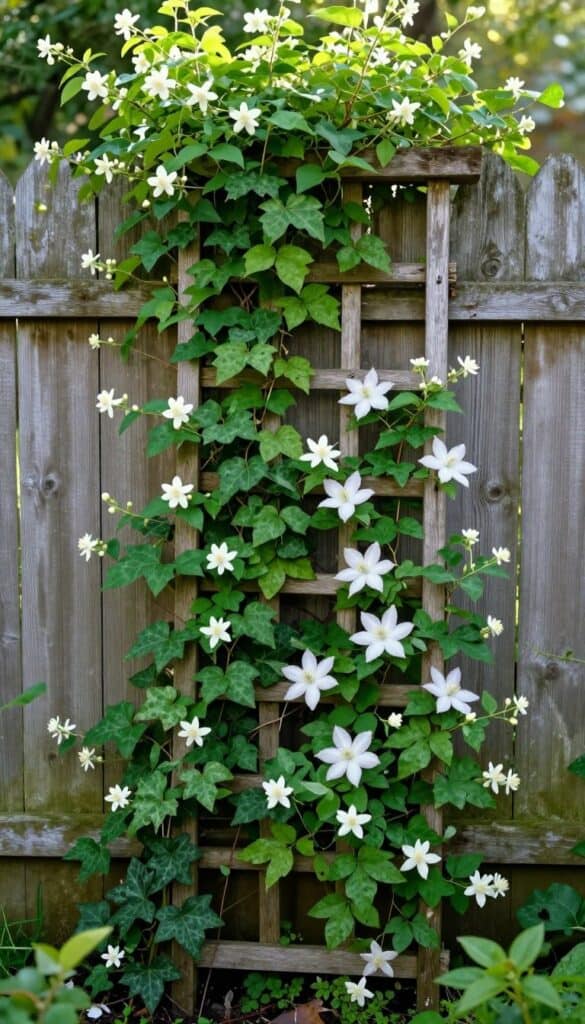 Wooden garden trellis covered with ivy and jasmine vines against a cottage fence Wooden garden trellis covered with ivy and jasmine vines against a cottage fence