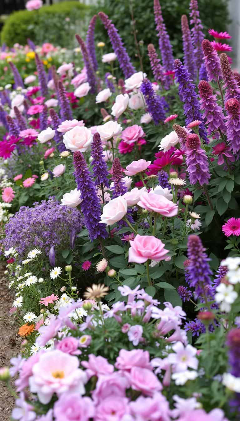 cottage garden perennial combinations featuring mixed blooming flowers in layered border