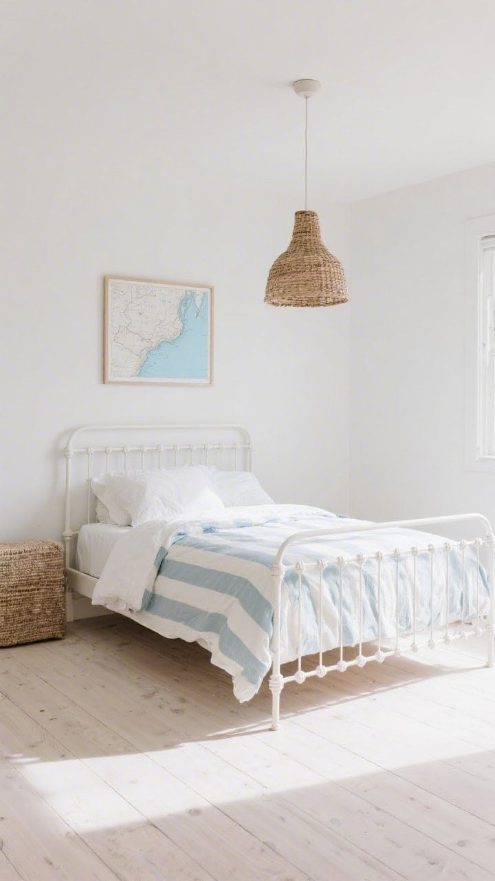 Angled wide shot with breezy stripes and bare floors: white metal bed frame with a wide-stripe duvet in soft ivory and pale blue and pinstripe sheets peeking out; whitewashed or pale oak floors mostly bare, just a small bedside flatweave; woven pendant overhead; a single framed coastal map above the bed; airy, easy-to-maintain vibe in bright natural light.