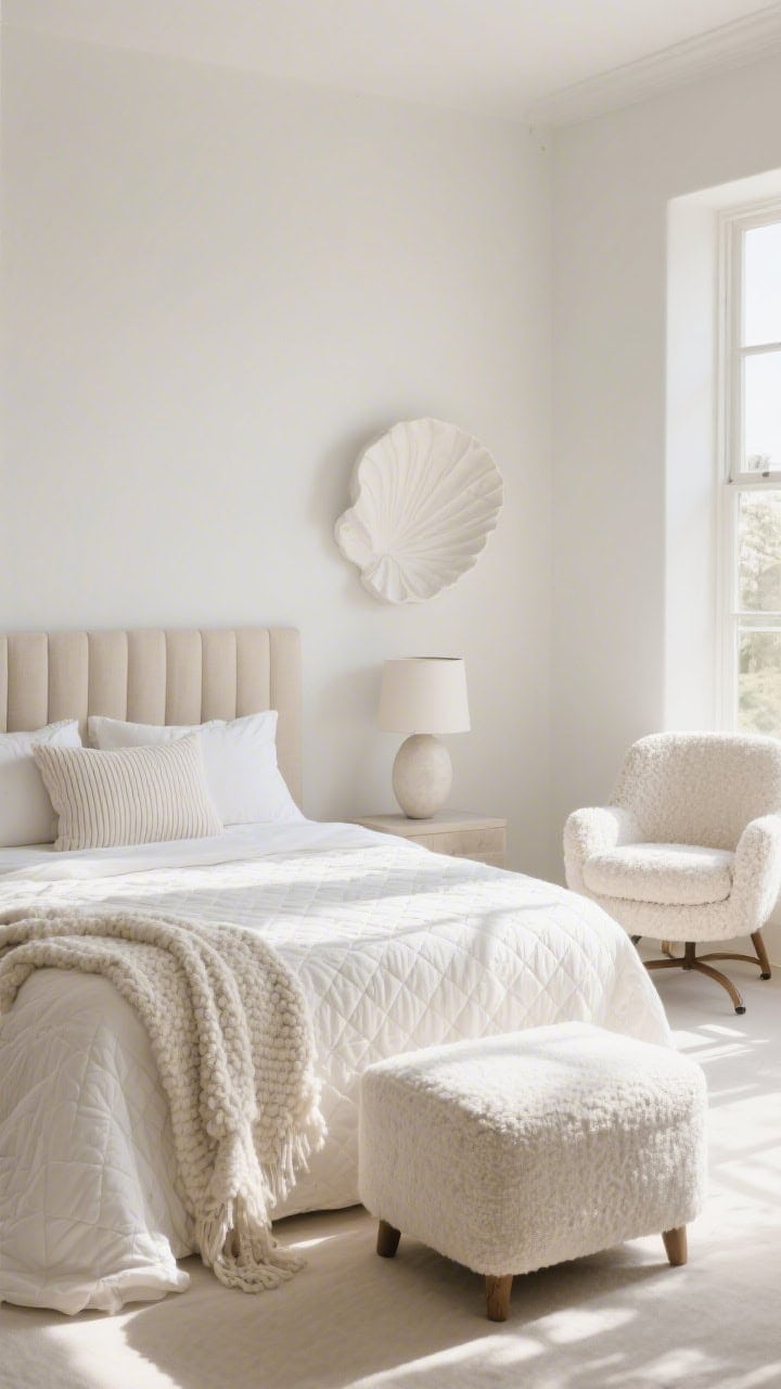 Bright wide shot of sun-bleached monochrome textures: layers of ivory, bone, and shell—quilted coverlet, boucle throw, linen shams, ribbed knit pillow—on a bed with a linen-wrapped oatmeal headboard; a boucle swivel chair and ottoman by a sunlit window; plaster-look table lamp and minimal plaster wall art; soft, glowing daylight emphasizing sculptural texture.