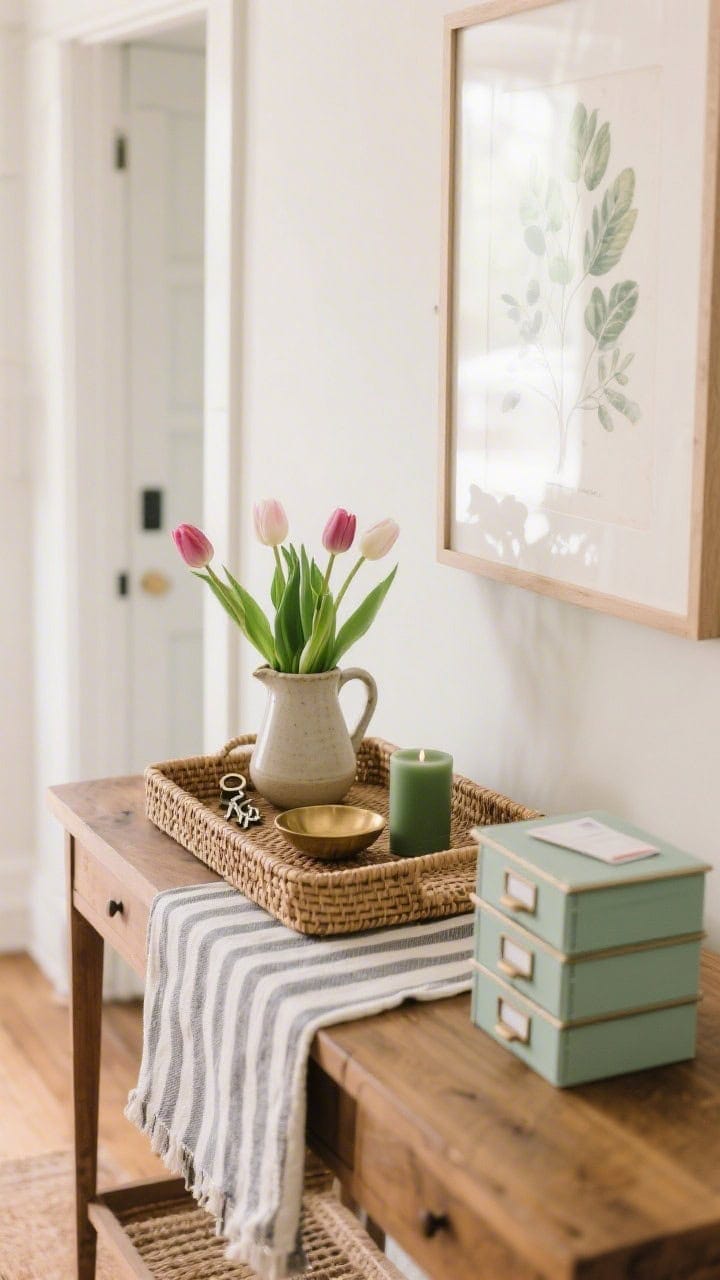 Closeup, straight-on entryway console vignette: a woven rattan tray centered on a wood console, holding a ceramic pitcher filled with fresh tulips, a petite brass dish with keys, a sage green candle, and a neat stack of tiny mail-sorting boxes; a striped linen runner peeks out beneath the tray; behind, a framed botanical print leans against a light wall; soft natural morning light, cozy and welcoming.